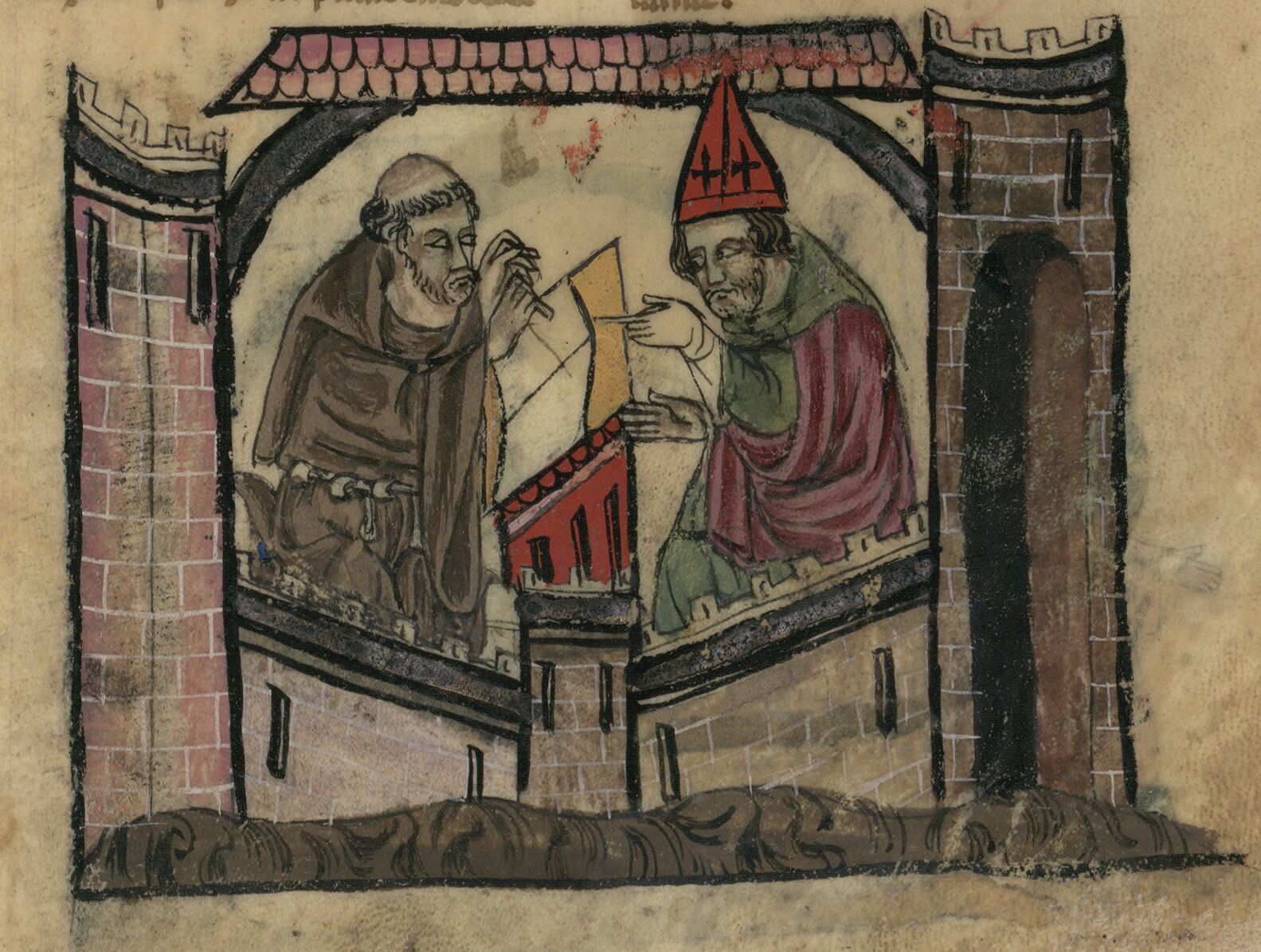 Fig. 3 El autor entrega su obra a Clemente V. Haitón de Córico. La Fleur des Histoires, París, BnF, ms. N.a.f. 886, f. 55v, © Bibliothèque nationale de France.